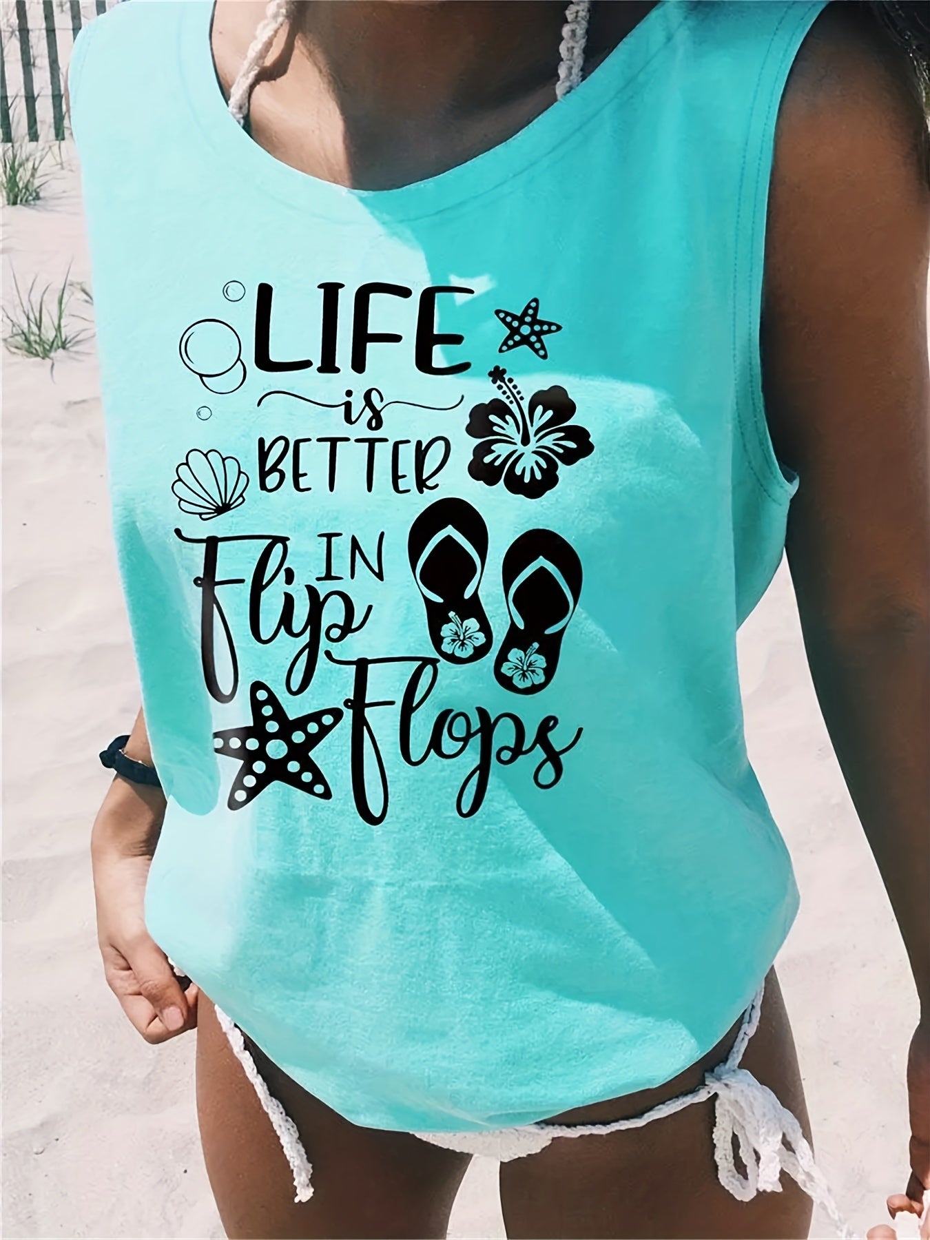 Letter Print Tank Top Crew Neck Sleeveless Summer Beach Women's Tank Top
