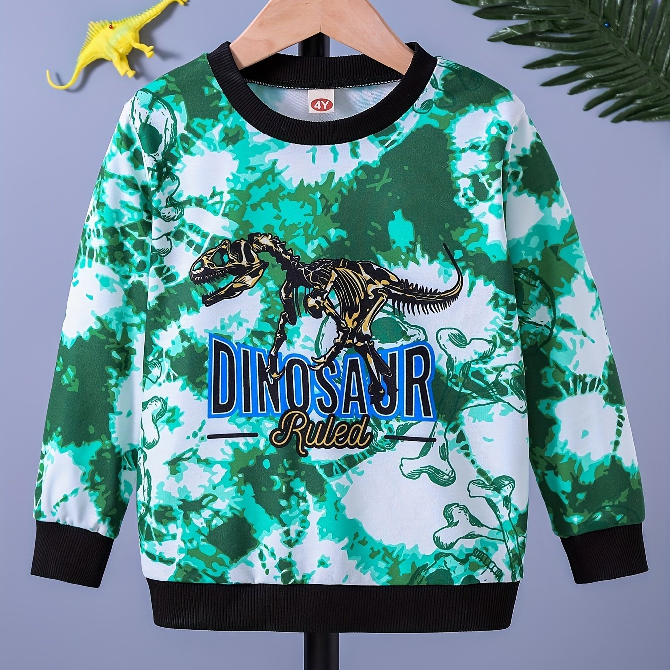 Boys Tie Dye Dinosaur Print Sweatshirt Crew Neck Top