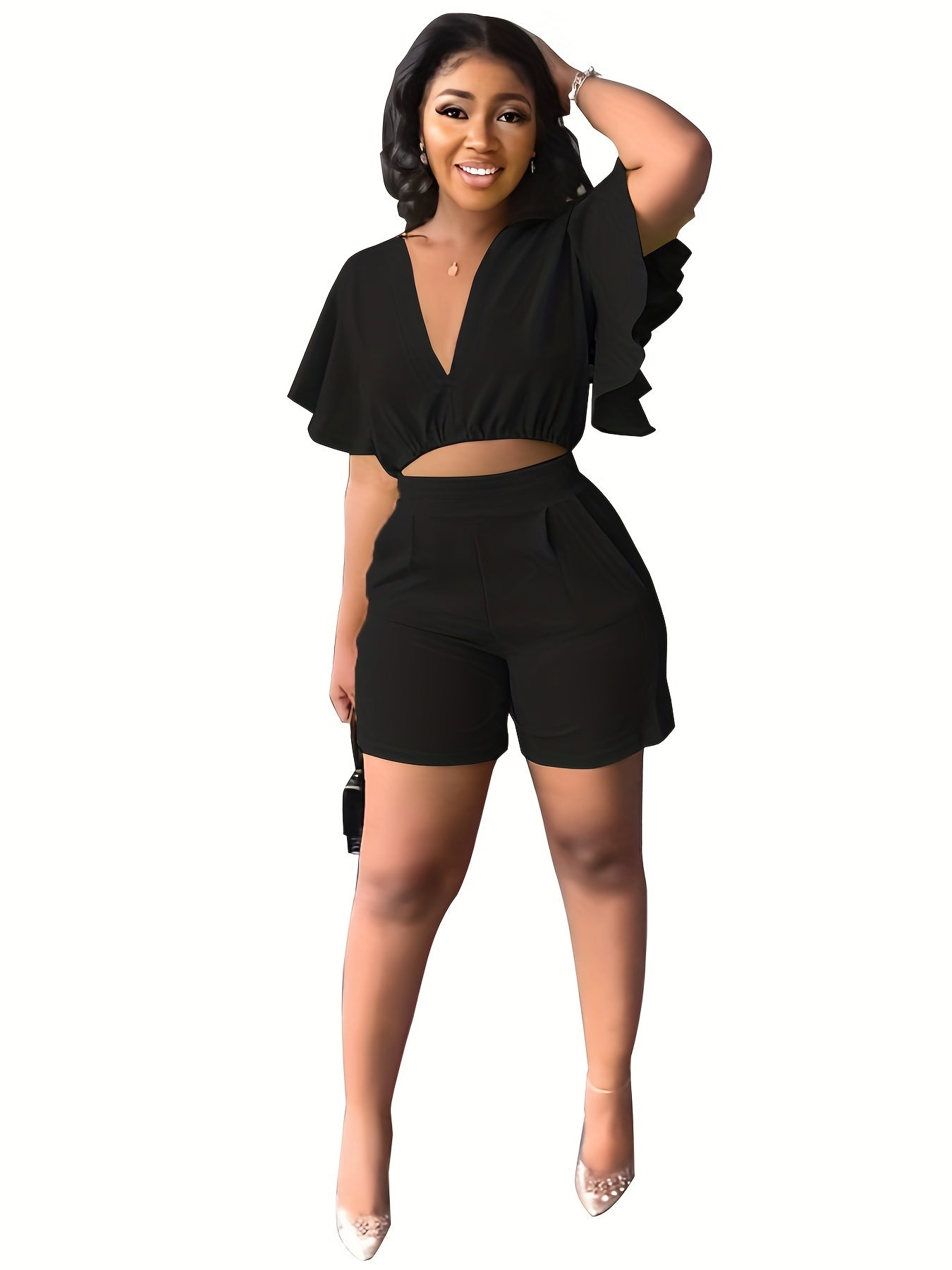 Flutter Sleeve Crop Top & High Waist Shorts Set