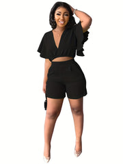 Flutter Sleeve Crop Top & High Waist Shorts Set