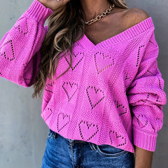 Heart Pattern Cut Out V Neck Sweater Casual Long Sleeve Sweater