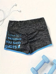 Women's Slogan Print Running Shorts Hip lifting Ruched