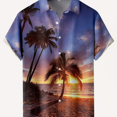 Men's Palm Tree Beach Sunset Short Sleeve Hawaiian Shirt