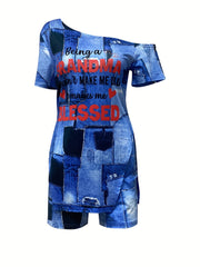 Patchwork Casual Two piece Set Letter Print Slanted Shoulder T shirt & Slim Shor
