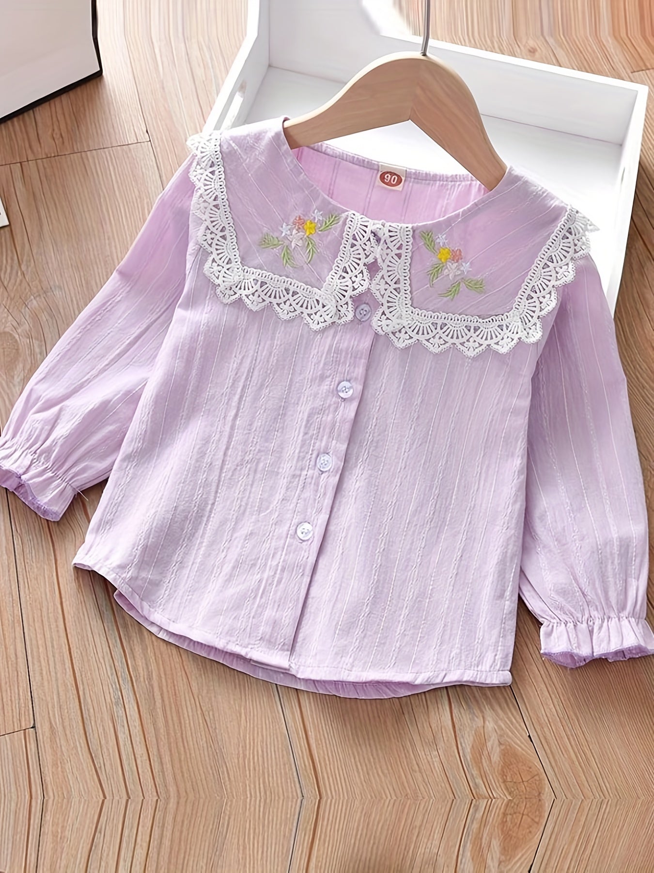 Kid Girls Flower Embroidered Collar Long Sleeve Uniform Shirt Button Down Blouse