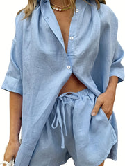 Casual Drop Shoulder Blouse & Drawstring Shorts Set for Women