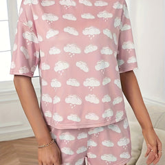 Cloud Print Pajamas Set Short Sleeve Crew Neck Top & Shorts