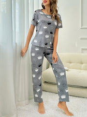 Crown Print Pajama Set Short Sleeve Top & Lounge Pants