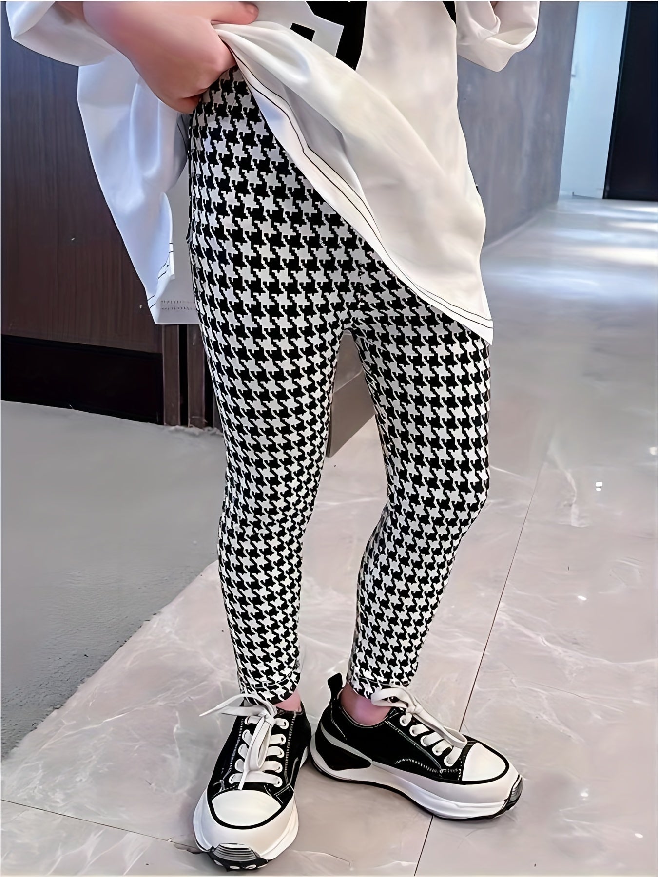 Girls Stretchy Houndstooth Leggings Elastic Waist Slim Fit Pants