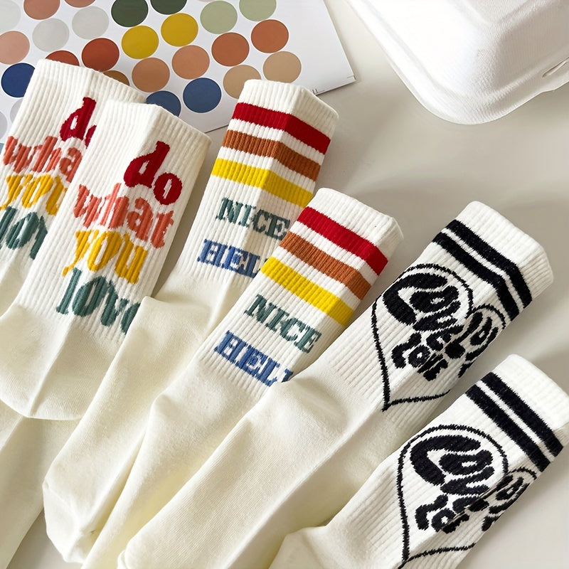 5 Pairs Floral & Letter Print Socks Women's Stockings & Hosiery