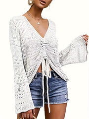 Boho V Neck Drawstring Sweater for Spring & Summer Women's Clothing
