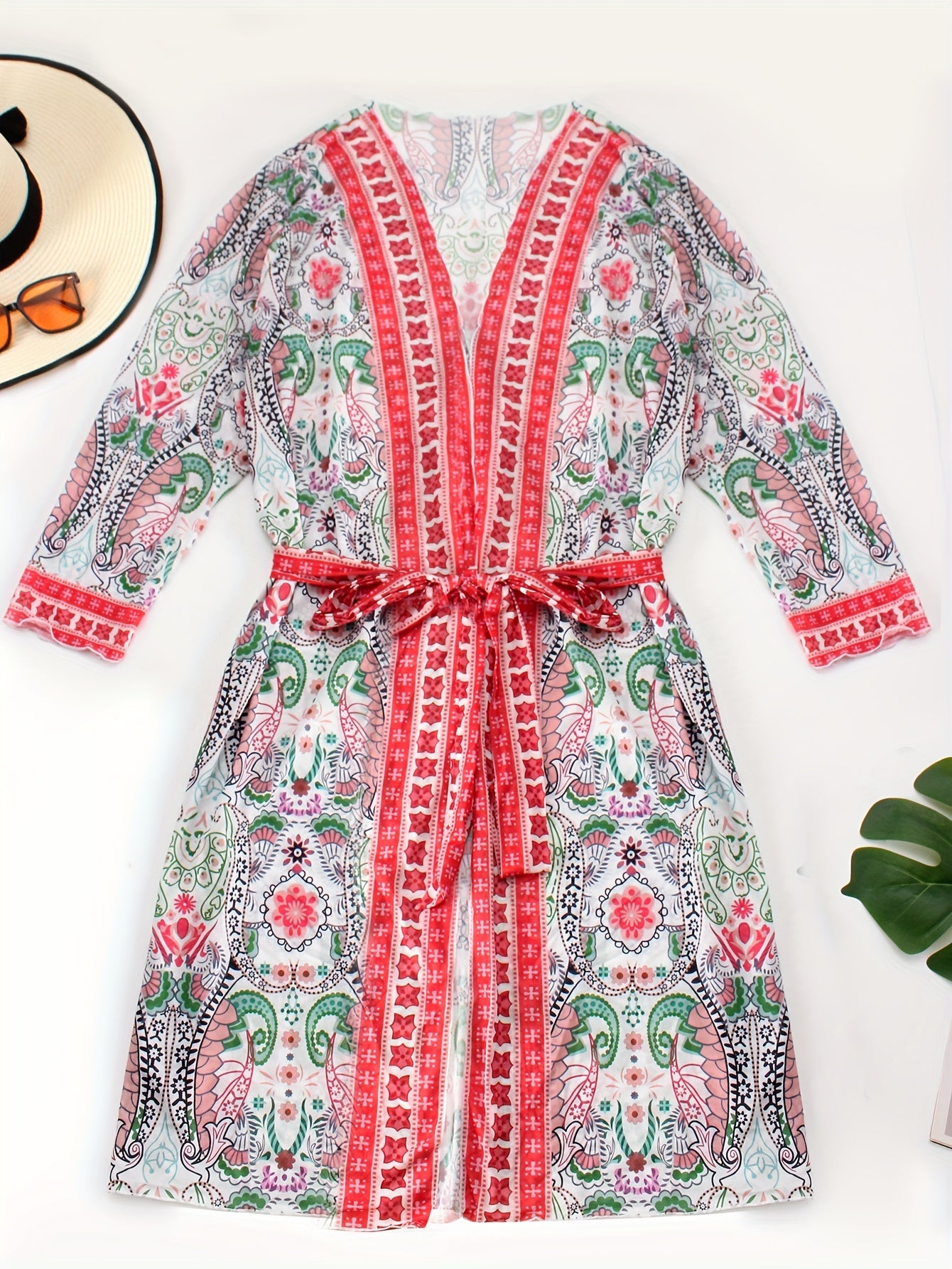 Women's Plus Paisley Print Long Sleeve Boho Cover Up