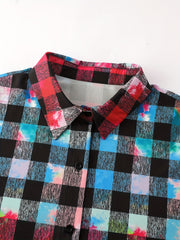 Plaid & Tie Dye Button-Up Short Sleeve Blouse