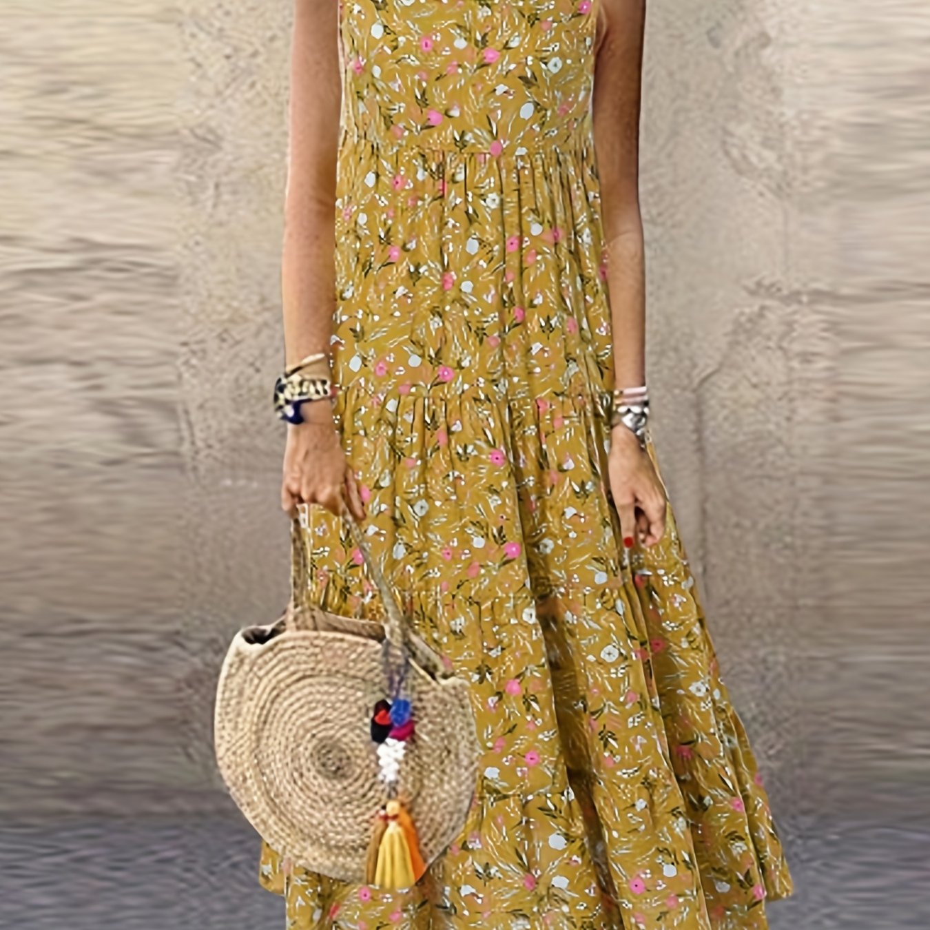 Floral Print Tank Dress Vintage Sleeveless Ruched Dress
