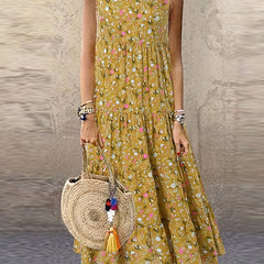Floral Print Tank Dress Vintage Sleeveless Ruched Dress
