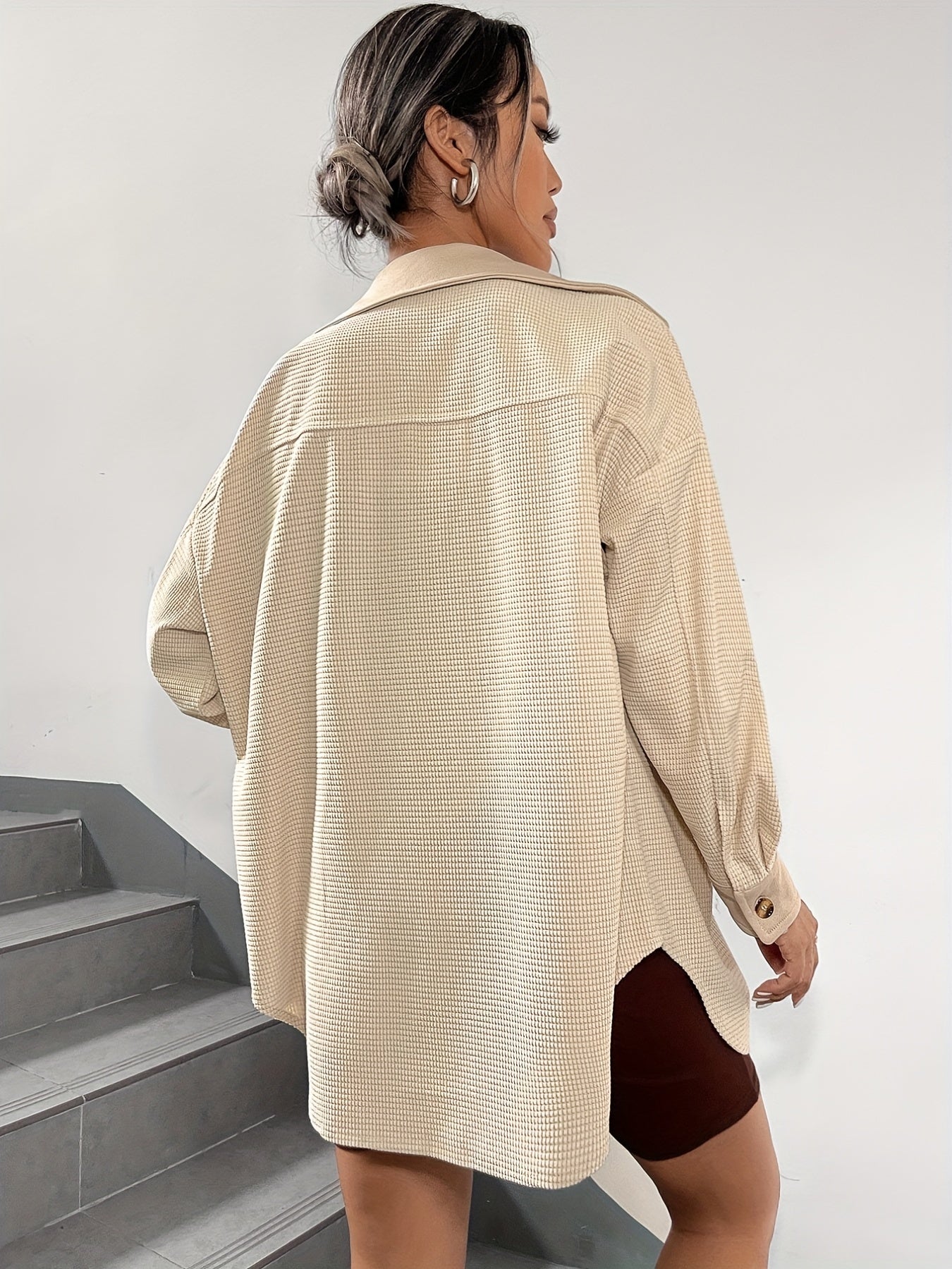 Solid Button Front Jacket Casual Collared Long Sleeve Outerwear Women's