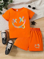Boys Funny Face Print Casual Outfit T shirt & Shorts Kids Summer Clothes Sets