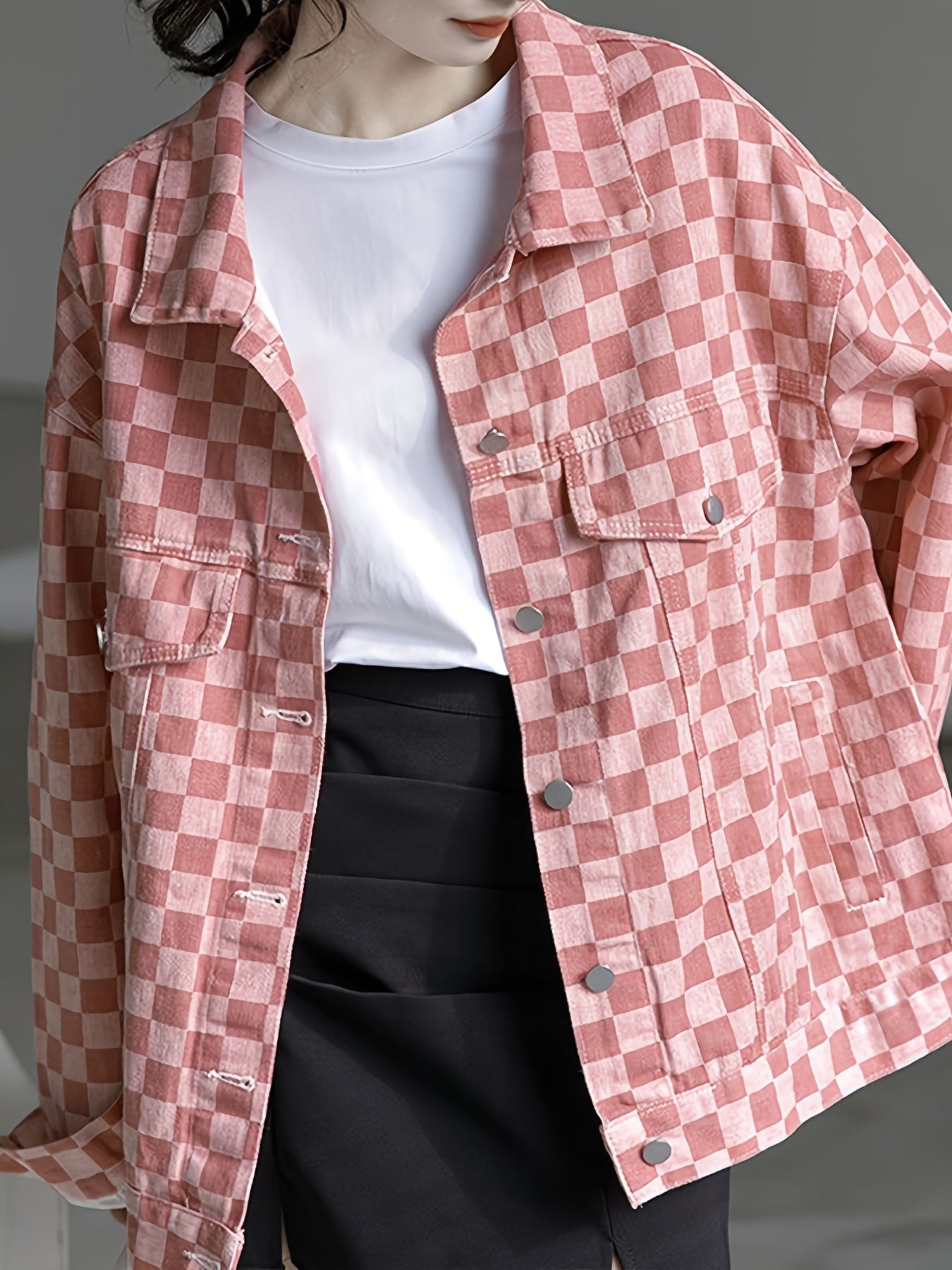 Pink Checkerboard Lapel Denim Jackets Long Sleeves Drop Shoulder Denim Coats