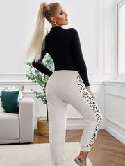 Leopard Print Patch Jogging Pants Casual Fleece Sports Activewear