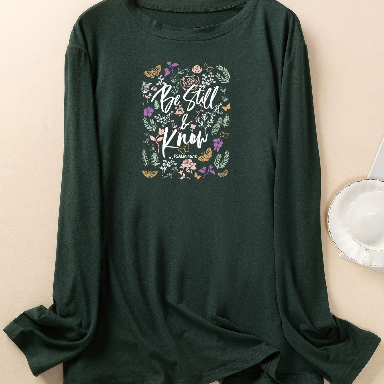 Lounge Top Women's Plus Slogan & Floral Print Long Sleeve Home Tee