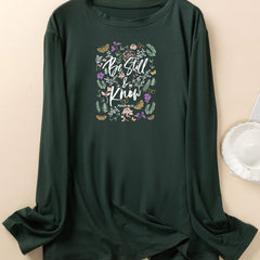 Lounge Top Women's Plus Slogan & Floral Print Long Sleeve Home Tee
