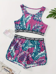 Leaf Print Pajamas Set Sleeveless Tank Top & Shorts PJ Set