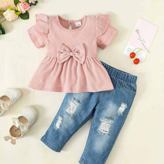 2pcs Baby Girls Bowknot Ruffle Top & Ripped Jeans Set
