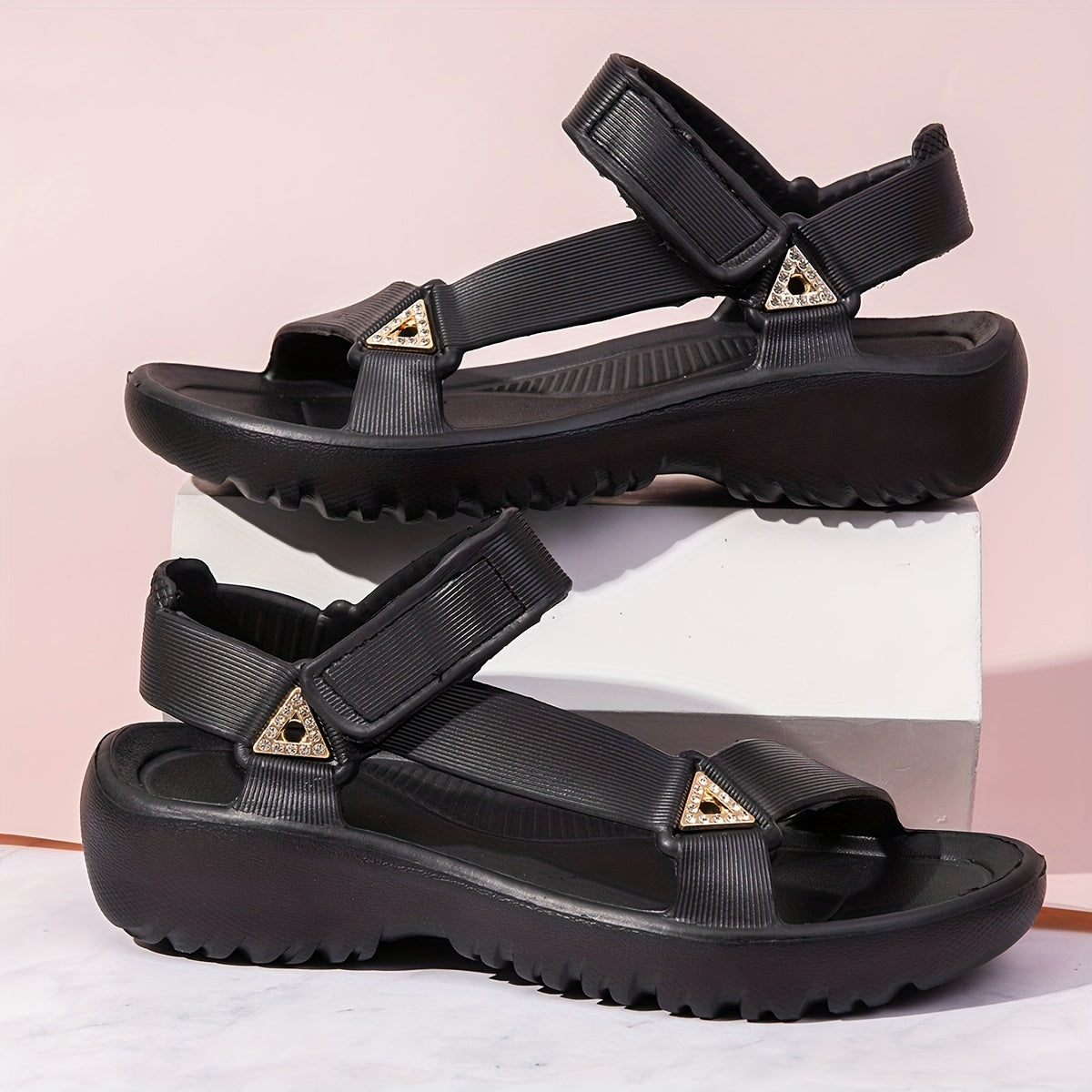 Women's Rhinestone Wedge Sandals Summer Casual Ankle Strap Sports Sandals