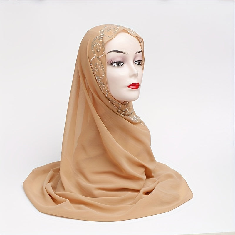 Khaki Chiffon Scarf Hijab Rhinestone Decor Shawl