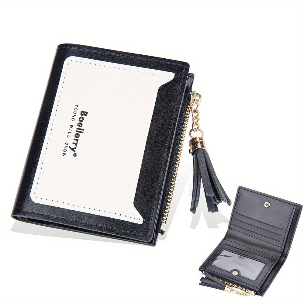 Two Tone Tassel Short Wallet Card Holder Zipper Coin Purse