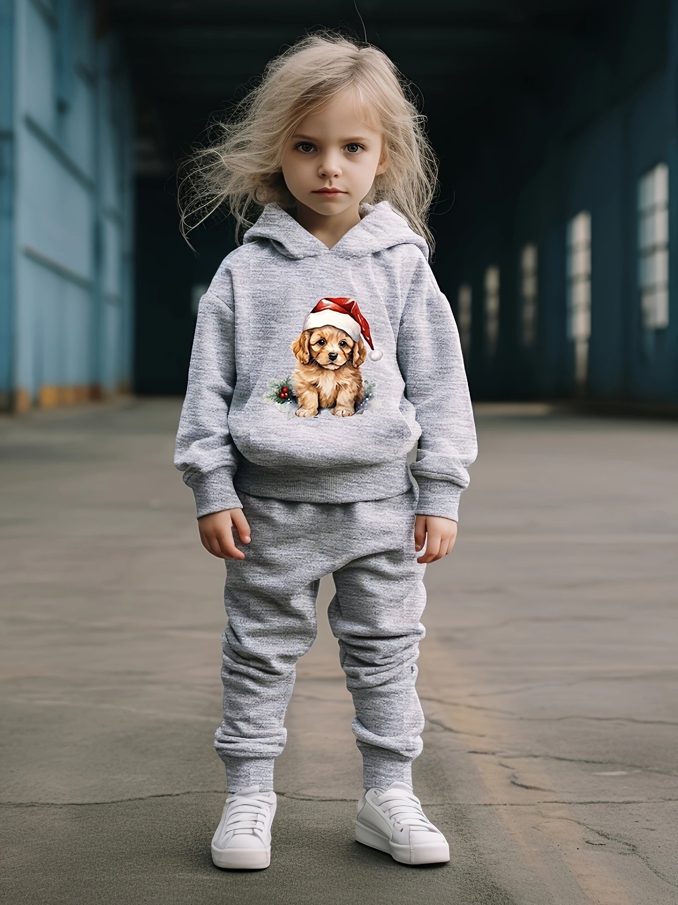 Girls Dog Santa Hat Pattern Hooded Sweatshirt Sweatpants Set