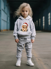 Girls Dog Santa Hat Pattern Hooded Sweatshirt Sweatpants Set