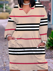 Plus Colorblock Chain Print V Neck Dress With Pockets