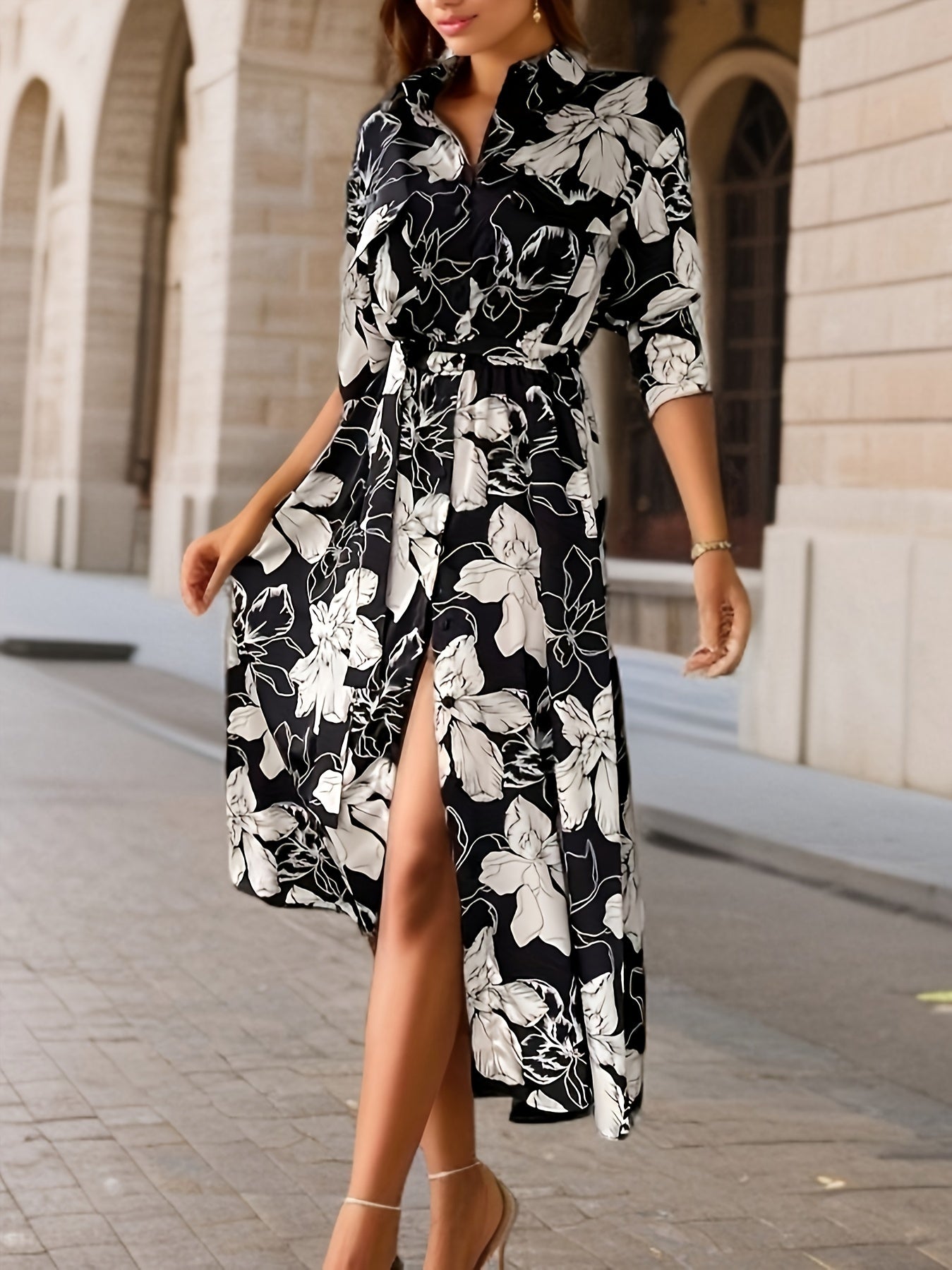 Floral Print Button Up Maxi Dress With Belt