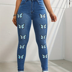 Butterfly Print Skinny Jeans Y2K Denim Pants