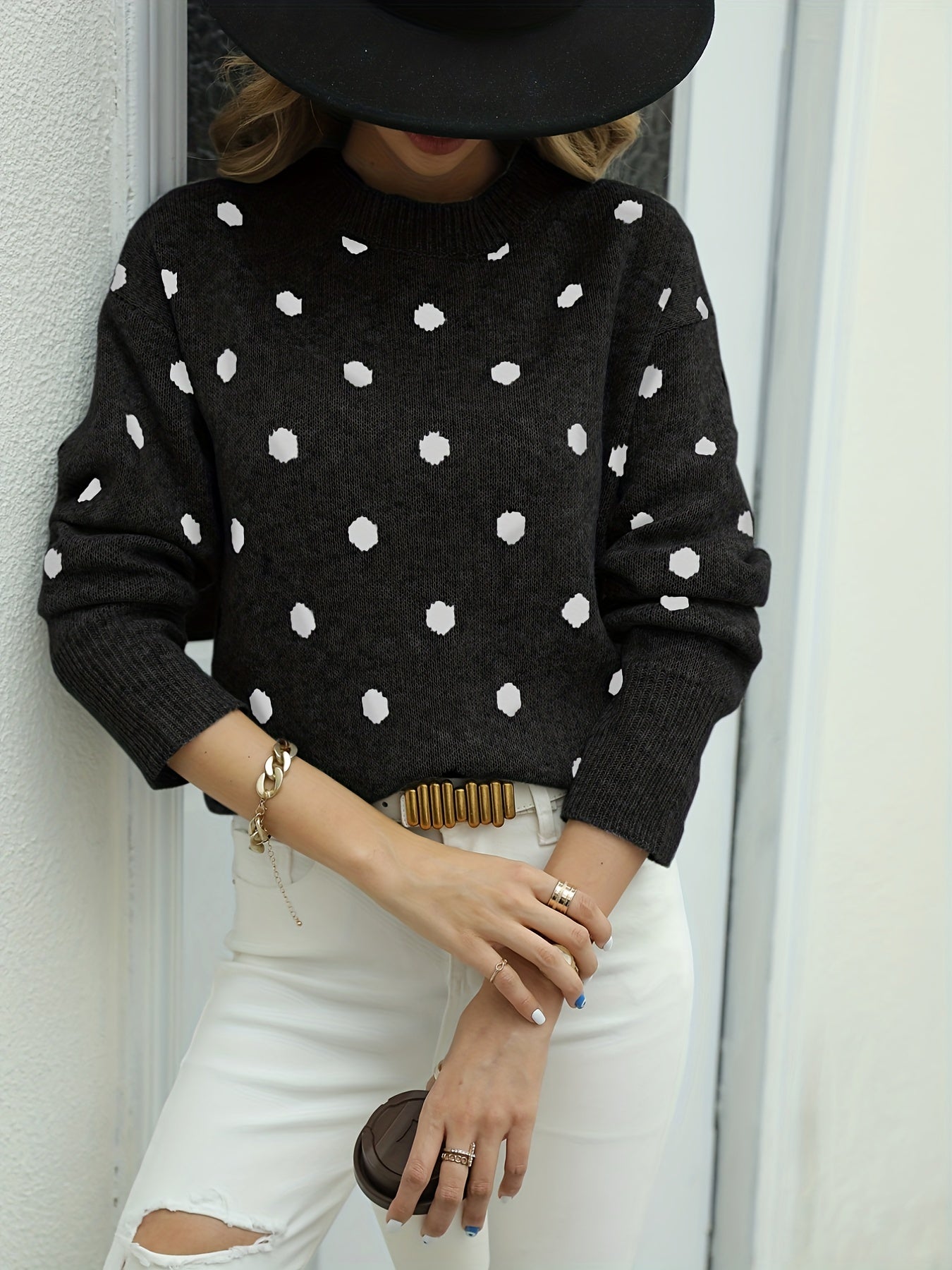 Polka Dot Crew Neck Pullover Sweater for Women