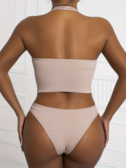 Ribbed Padded Halter Top Bra & Briefs Panties Set Women's Lingerie