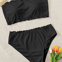 Bikini Set Solid Wave Trim Tube Bra & Panty Swimsuit 2 Piece Set