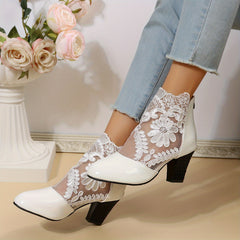 Floral Lace Ankle Boots Pointed Toe Chunky Heeled Versatile High Heeled Boots