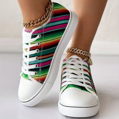 Colorful Strip Print Sneakers Low Top Lace Up Canvas Shoes