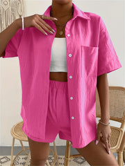 Solid Casual Two-piece Set Button Front Shirt & Shorts