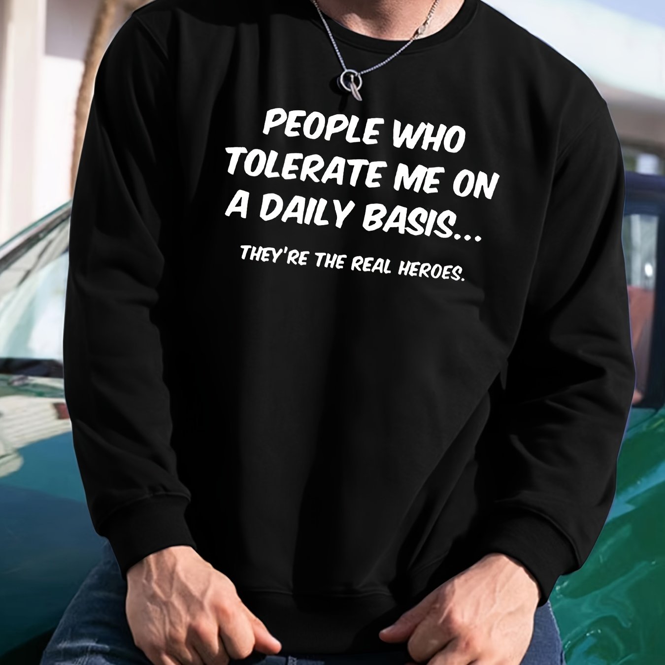 Funny Slogan Print Sweatshirt Men's Casual Graphic Crew Neck Pullover Sweatshirt