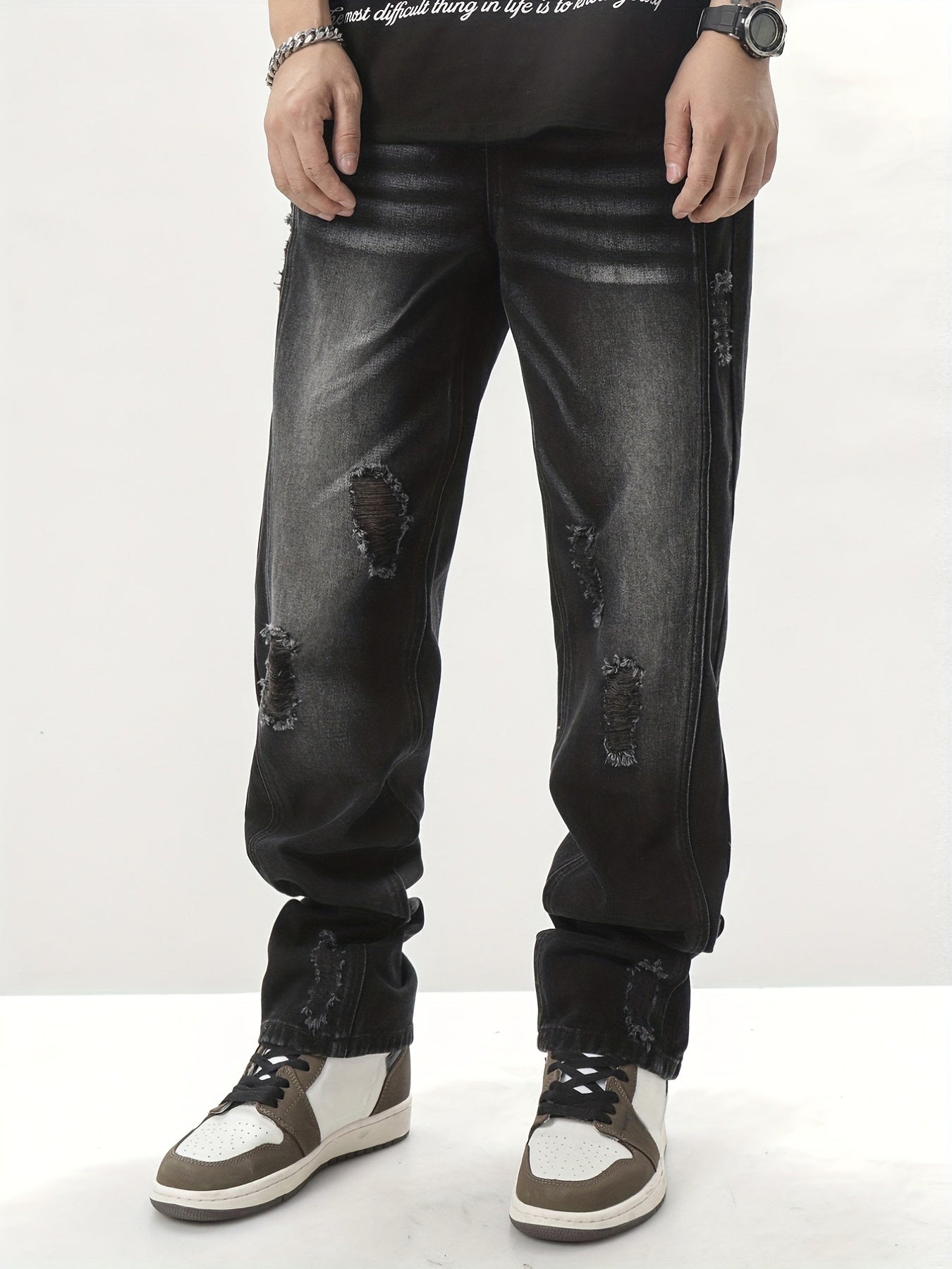 Vintage Ripped Jeans Men's Casual Street Style Distressed Denim Pants