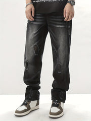 Vintage Ripped Jeans Men's Casual Street Style Distressed Denim Pants