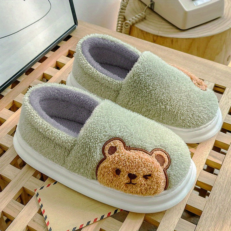 Cartoon Bear Print Slippers Round Toe Low Fluffy Warm Shoes
