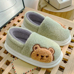 Cartoon Bear Print Slippers Round Toe Low Fluffy Warm Shoes