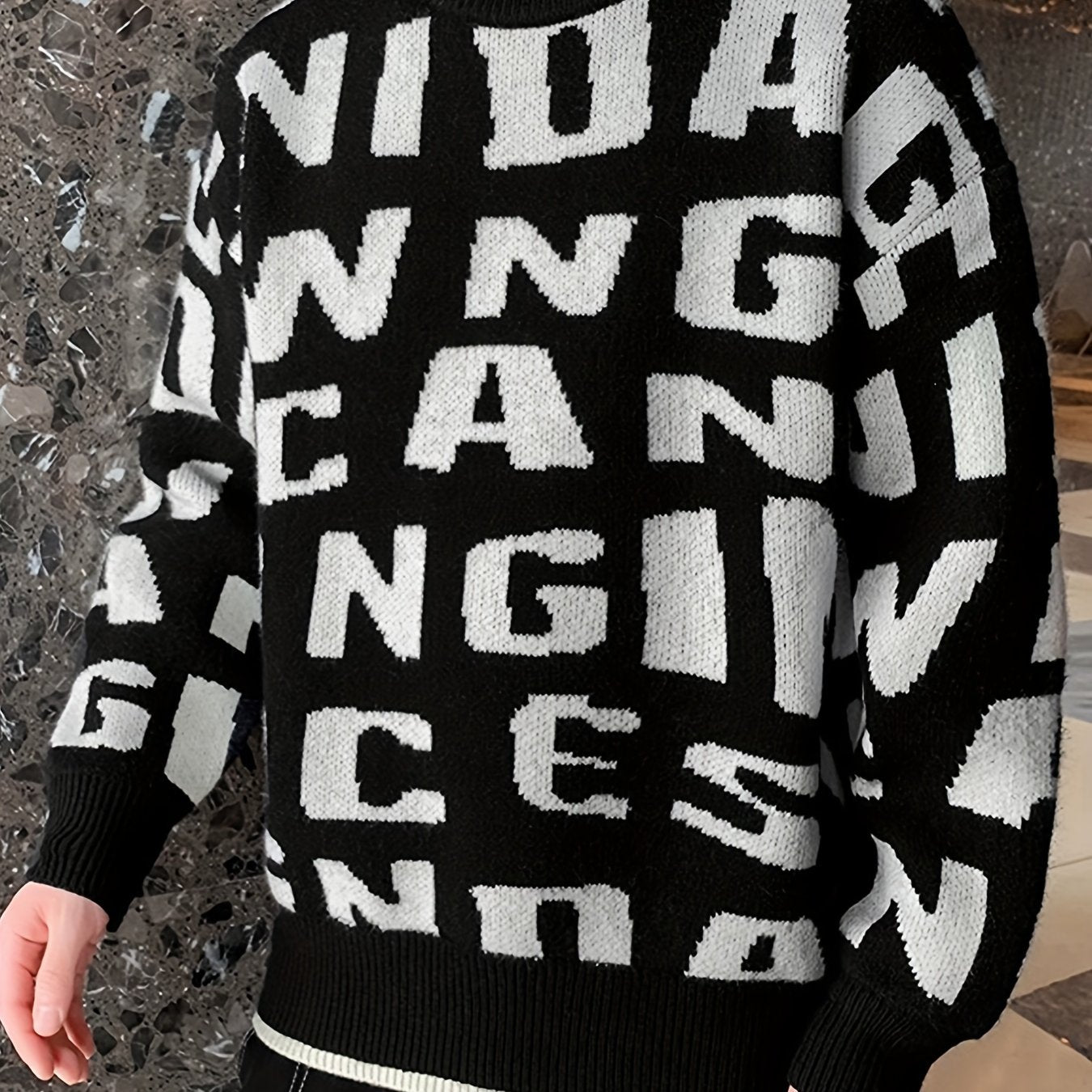 Knitted Letter Print Sweater Men's Casual Round Neck Pullover Sweater