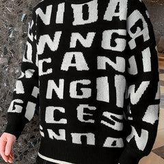 Knitted Letter Print Sweater Men's Casual Round Neck Pullover Sweater