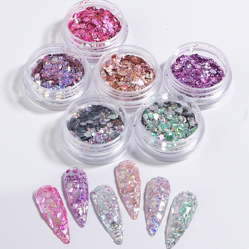 6 Boxes Holographic Nail Glitters for DIY Nail Art