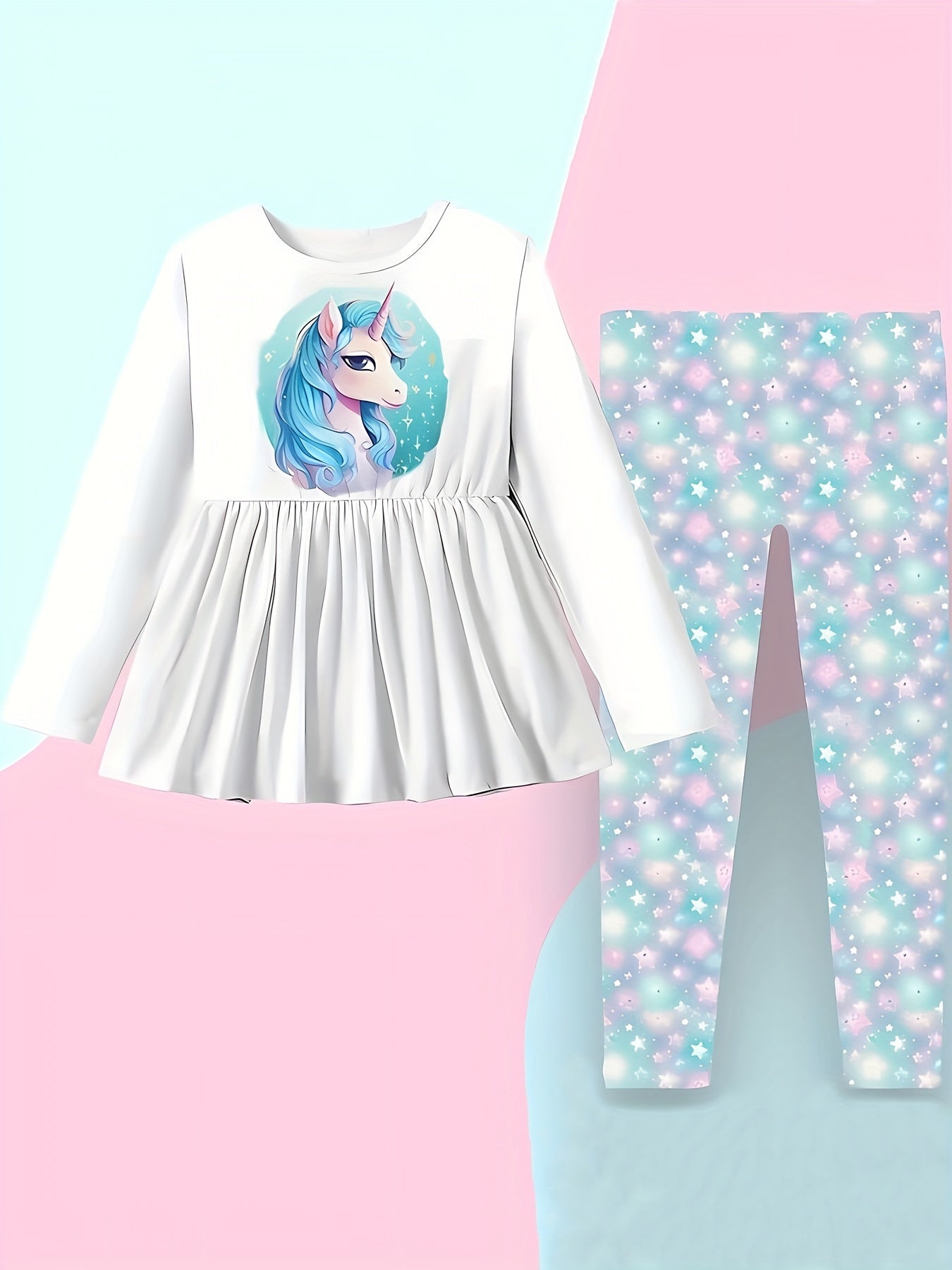 Cartoon Unicorn Print 2pcs Girls Pullover Pants Set